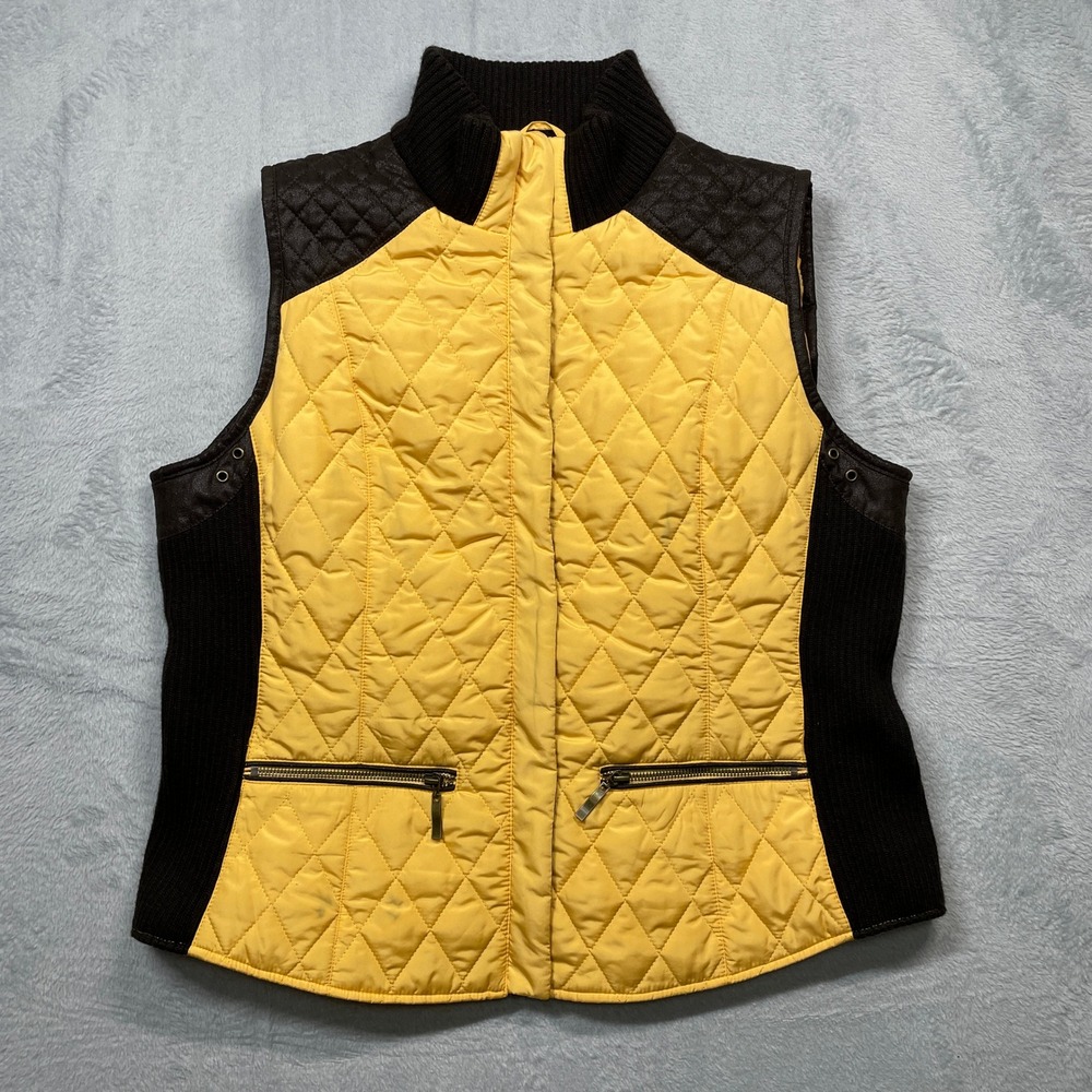 Montana Co Quilted Vest‎ Womens XL Yellow Brown Faux Leather Trim Ribbed Knit XL